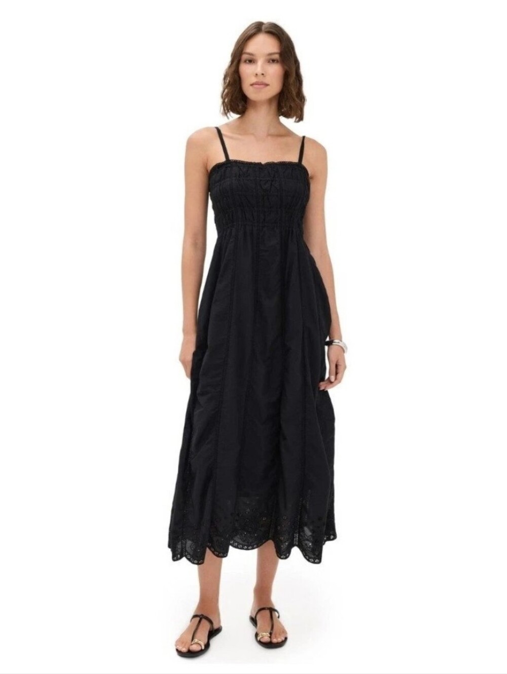 NWT Z Supply Dani Smocked Embroidered Eyelet Cotton Tiered Black Midi Dress XL